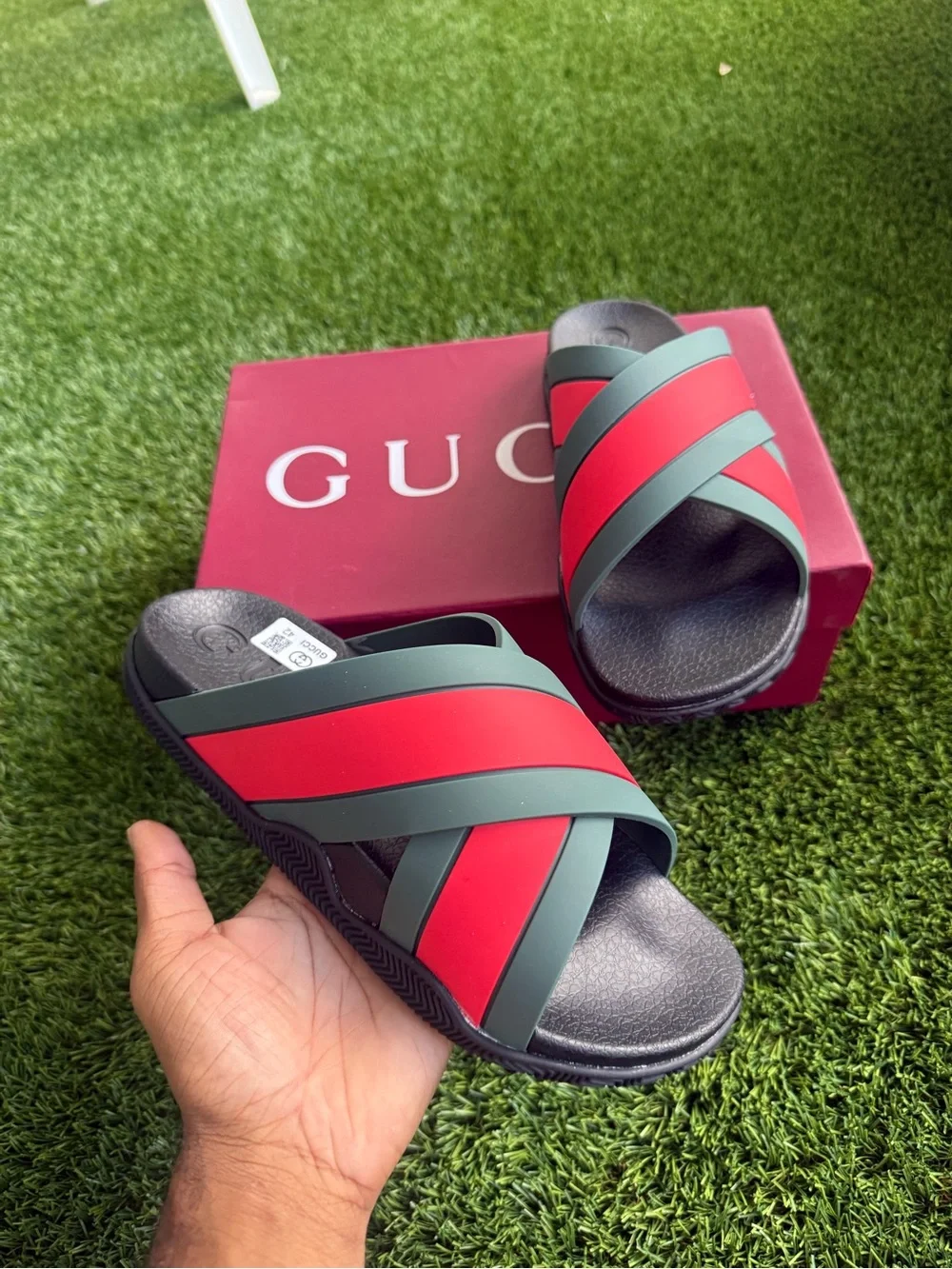 Gucci Men’s Red and Green Cross-Strap Slide Sandals